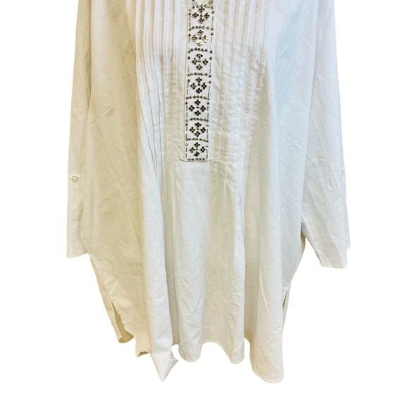 CATHERINES New White Linen Tunic Top Sz 3X Beaded Boho Relaxed Oversized Casual - Picture 7 of 15